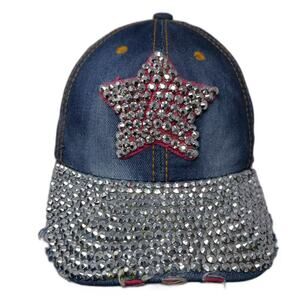 Magid Baseball Cap Blue Pink OS Slideback Rhinestone Star Distressed Denim Hat